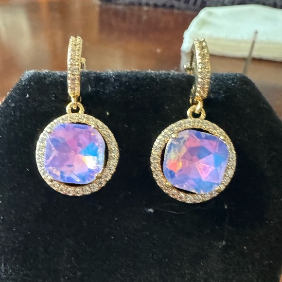 Glam Purple Milky Opalite, Round Cubic Zirconia Iridescent Gold tone Earrings - Picture 8 of 10